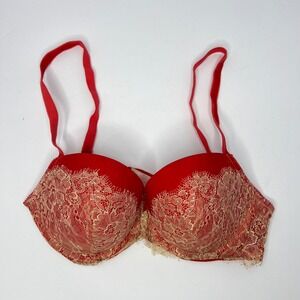 Victoria's Secret Red Gold Dream Angels Padded Demi Bra 34D Lace Rhinestone